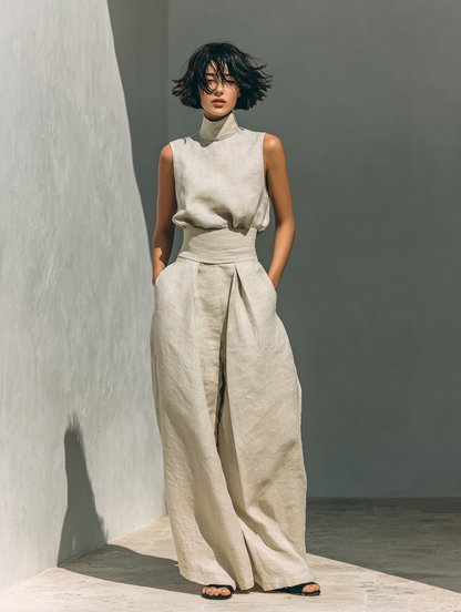 Maria | Conjunto de top y pantalón ancho de algodón y lino minimalista para mujer