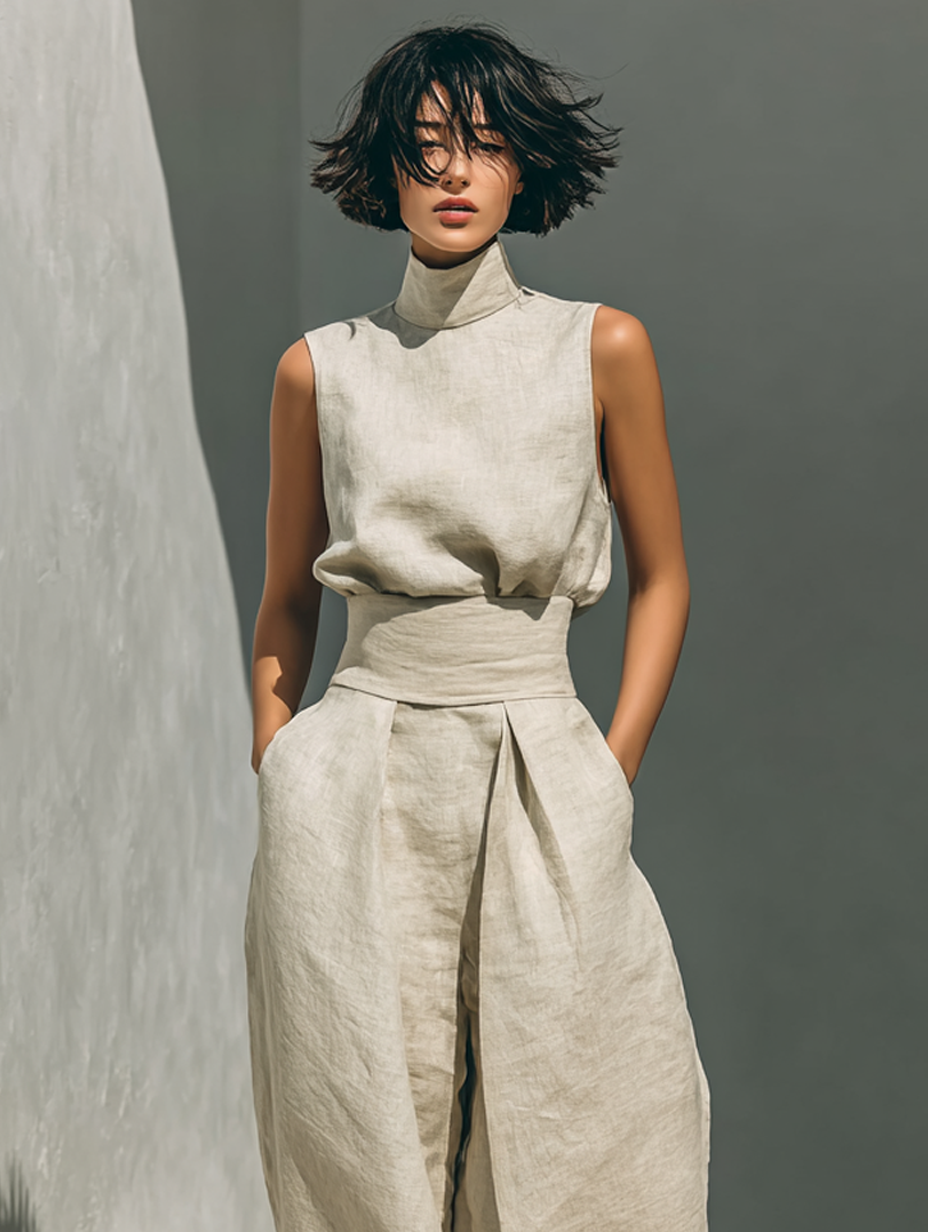 Maria | Conjunto de top y pantalón ancho de algodón y lino minimalista para mujer