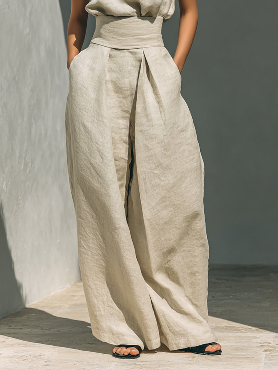 Maria | Conjunto de top y pantalón ancho de algodón y lino minimalista para mujer