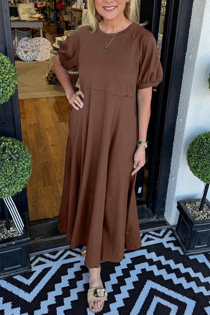 Senna | Vestido maxi chic con mangas abullonadas y cuello redondo