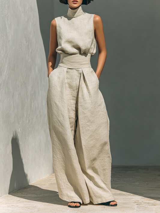 Maria | Conjunto de top y pantalón ancho de algodón y lino minimalista para mujer
