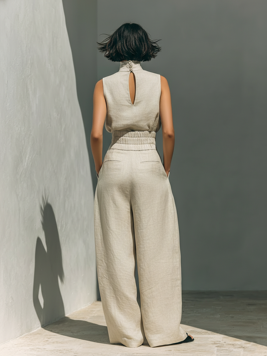 Maria | Conjunto de top y pantalón ancho de algodón y lino minimalista para mujer