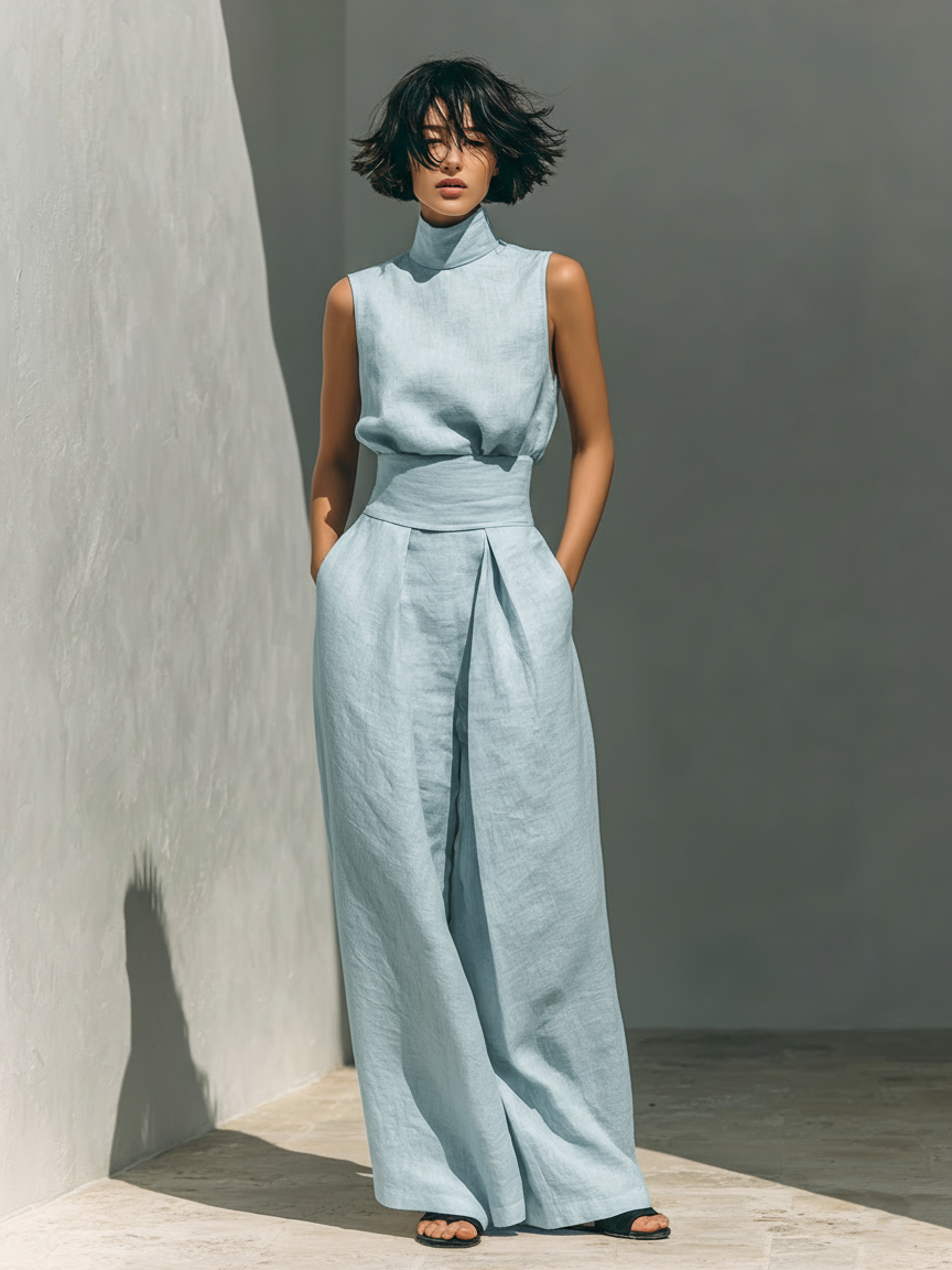 Maria | Conjunto de top y pantalón ancho de algodón y lino minimalista para mujer