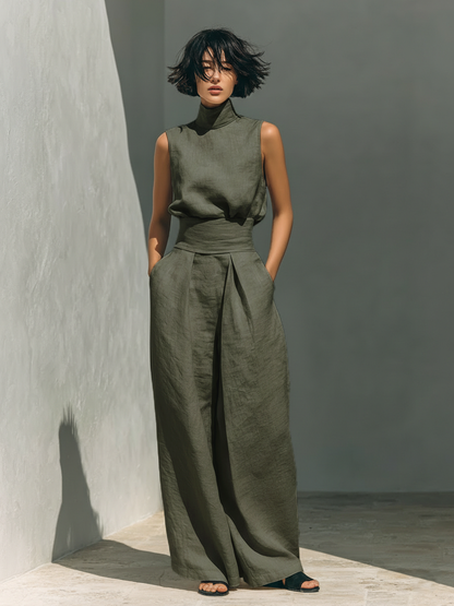 Maria | Conjunto de top y pantalón ancho de algodón y lino minimalista para mujer