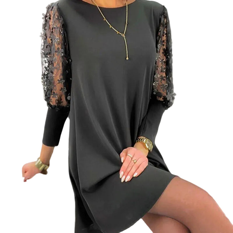 Manon | Vestido Sólido con Cuello Redondo y Mangas Abullonadas