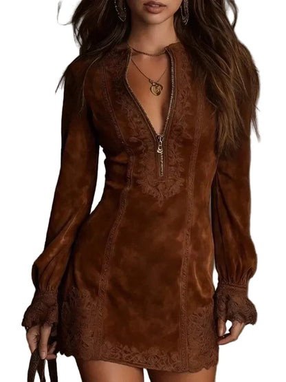 Nocturne | Vestido corto de ante con encaje