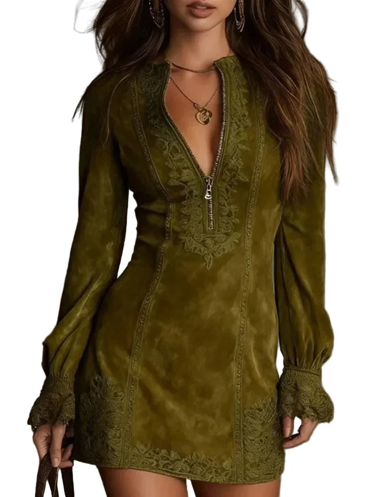 Nocturne | Vestido corto de ante con encaje
